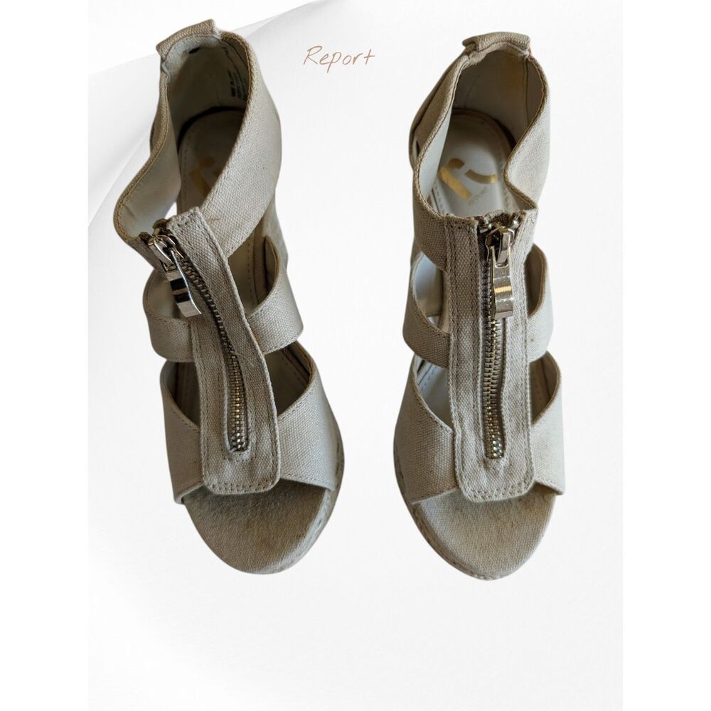 Report Espadrille Wedge Sandals Tan Canvas Zip Front Platform Heels5.5